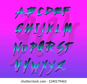 Retrofuturistic alphabet font inpirated by 1980's-1990's aesthetics. Cyberpunk/ synthwave style typeface for dance party event, club invitation. 
