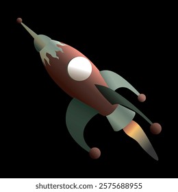 Retro-Futuristic Atompunk Rocket Blasting Off - Vector Illustration on Black Background