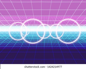 Retrofuturistic background in 80s-90s synthwave neon aesthetic style. Abstract vector background with laser perspective grid in vintage arcade game style.