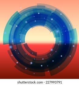 Retro-futuristic background with blue segmented circle and sparkles