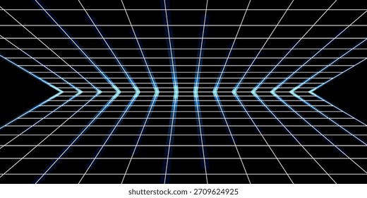 Un fondo retro-futurista con una cuadrícula de perspectiva azul y blanca simétrica y brillante que retrocede hacia un punto de fuga central sobre un fondo negro.