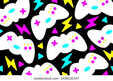 Retrofuturistic background with gamepad and graphic elements. Game backdrop vector illustration.