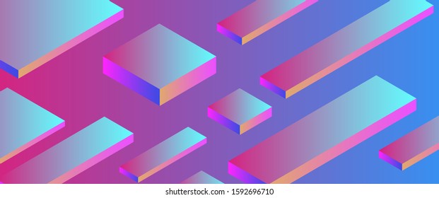 Retrofuturistic background with isometric composition of neon colored floating in zero gravity square blocks. Abstract minimal illustration in Vaporwave and Synthwave 80's-90's aesthetics style.