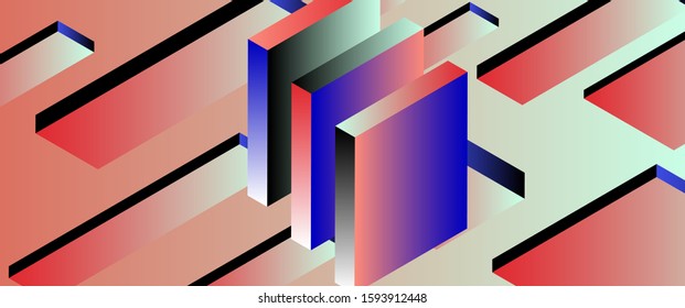 Retrofuturistic background with isometric composition of neon colored floating in zero gravity square blocks. Abstract minimal illustration.
