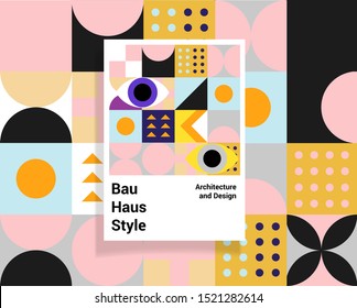 Retrofuturistic bauhaus poster template with geometric colorful vivid pattern. Abstract universal brochure in swiss retro minimal style.