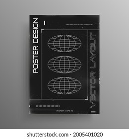 Retrofuturistic black and white poster design with ellipse planets. Retro cyberpunk cover poster with HUD elements. Template for flyer design for electronic music events. Vector illustration.