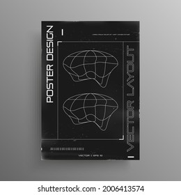 Retrofuturistic black and white poster design with ellipse liquid distorted planets and HUD elements. Retro cyberpunk cover poster. Flyer design for electronic music events. Vector illustration.