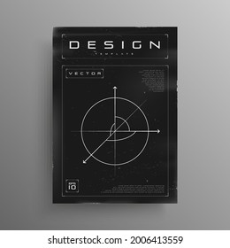 Retrofuturistic black and white poster with HUD elements. Cyber design with geometry 3D space in the form of a circle with three axes. Flyer template in vintage cyberpunk style. Vector illustration.