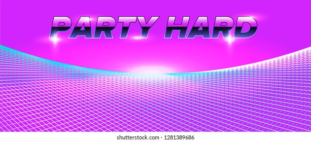 Retrofuturistic bright vivid neon background inspirated by 1980s-1980s computer games graphics. Chrome metallic text "Party hard". Ultraviolet colors: purple, electric pink, blue, green.
