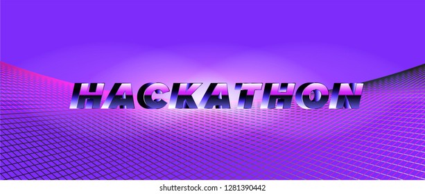 Retrofuturistic bright vivid neon background inspirated by 1980s-1980s computer games graphics. Chrome metallic text "Hackathon". Ultraviolet colors: purple, electric pink, blue, green.