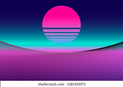 Retrofuturistic bright vivid neon background inspirated by 1980s-1980s computer games graphics. Design template for music cover/ poster. Vaporwave/ synthwave/ retrowave style.