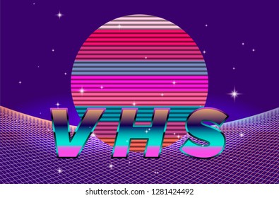 Retrofuturistic bright vivid neon background inspirated by 1980s-1980s computer games graphics. Logotype or music cover/ poster template. Ultraviolet colors: purple, electric pink, blue, green.