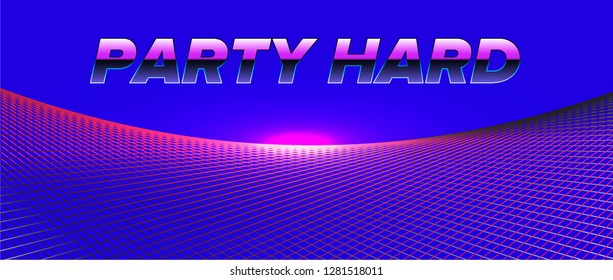 Retrofuturistic bright vivid neon background inspirated by 1980s-1980s computer games graphics. Logotype or music cover/ poster template. Ultraviolet colors: purple, electric pink, blue.