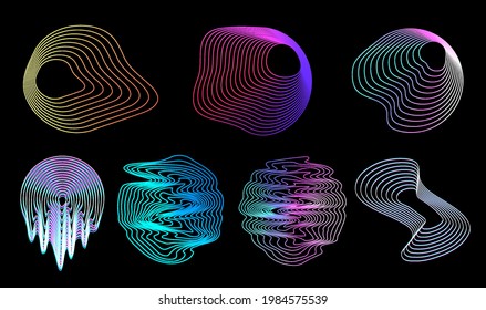 Retrofuturistic circle design shapes with glitch and liquid effect. Trendy Vaporwave in 80s-90 style. Holographic illuminated shapes. Memphis, synthwave, retro futuristic for t-shirt, merch. Vector