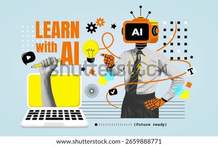 Retro-futuristic collage poster featuring an AI robot symbolizing online education and digital learning. The design includes bold typography, colorful cut-and-paste style elements. Vector