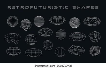 Retrofuturistic Collection Of Cyber Shapes. Set Of Cyberpunk Planet Shapes. Trendy Design Elements. Wireframe Ellipse Shapes. Design Elements For Poster, Cover, Flyer In 80s Style. Vector Illustration