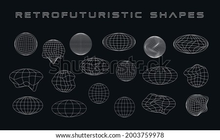 Retrofuturistic collection of cyber shapes. Set of cyberpunk planet shapes. Trendy design elements. Wireframe ellipse shapes. Design elements for poster, cover, flyer in 80s style. Vector illustration