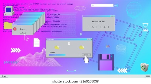 Retrofuturistic concept, old user interface and 3d geometric shapes. Vaporwave and retro wave 80's and 90's. Elements retro and vintage design. Pixel screen computer and old user interface. Vector set