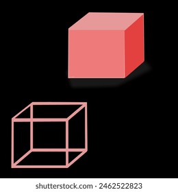 Retrofuturistic cube. Digital cyber retro design element. Cube in cyberpunk 80s style. Perspective geometry for poster, cover, merch in retrowave style. Vector illustration.