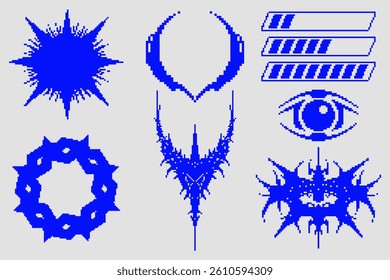 Retrofuturistic cyber pixel art set. Digital symbols, energy bars, a robotic eye, and gothic spiked elements. Perfect for cyberpunk, tech, and Y2K inspired digital designs.