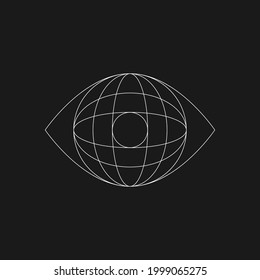 Retrofuturistic Cyberpunk geometry. Cyber planet inside the eye. Digital 80s shape. World conspiracy concept. Design element for poster, cover, merch in retrowave style. Vector illustration.