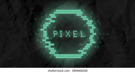 Retrofuturistic cyberpunk glitch pixel circle. Green glowing digital circle. 8 bit round shape. Background design for promo electronic music events, titles, web, banners. Vector