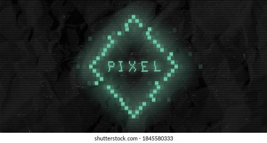 Retrofuturistic cyberpunk glitch pixel rhombus. Green glowing digital rhombus. 8 bit rectangular shape. Background design for promo electronic music events, titles, web, banners. Vector