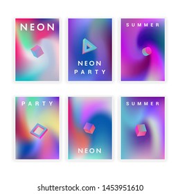 Retrofuturistic cyberpunk vector poster template with 3d geometric solids, collection of neon holographic covers for music party event. Vaporwave/ synthwave/ retrowave 80s-90s aesthetics.