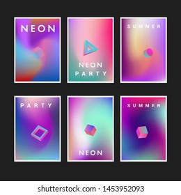 Retrofuturistic cyberpunk vector poster template with 3d geometric solids, collection of neon holographic covers for music party event. Vaporwave/ synthwave/ retrowave 80s-90s aesthetics.