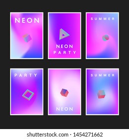 Retrofuturistic cyberpunk vector poster template with 3d geometric solids, collection of neon holographic covers for music party event. Vaporwave/ synthwave/ retrowave 80s-90s aesthetics.