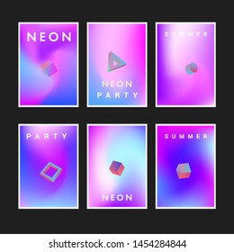Retrofuturistic cyberpunk vector poster template with 3d geometric solids, collection of neon holographic covers for music party event. Vaporwave/ synthwave/ retrowave 80s-90s aesthetics.