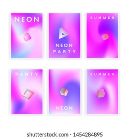 Retrofuturistic cyberpunk vector poster template with 3d geometric solids, collection of neon holographic covers for music party event. Vaporwave/ synthwave/ retrowave 80s-90s aesthetics.