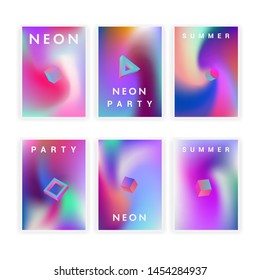 Retrofuturistic cyberpunk vector poster template with 3d geometric solids, collection of neon holographic covers for music party event. Vaporwave/ synthwave/ retrowave 80s-90s aesthetics.