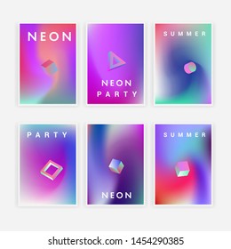 Retrofuturistic cyberpunk vector poster template with 3d geometric solids, collection of neon holographic covers for music party event. Vaporwave/ synthwave/ retrowave 80s-90s aesthetics.
