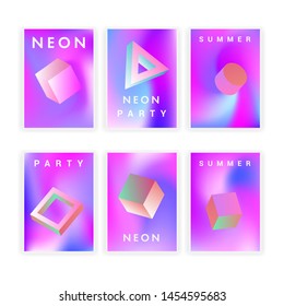 Retrofuturistic cyberpunk vector poster template with 3d geometric solids, collection of neon holographic covers for music party event. Vaporwave/ synthwave/ retrowave 80s-90s aesthetics.