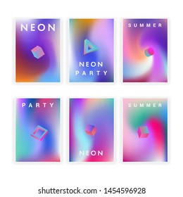 Retrofuturistic cyberpunk vector poster template with 3d geometric solids, collection of neon holographic covers for music party event. Vaporwave/ synthwave/ retrowave 80s-90s aesthetics.