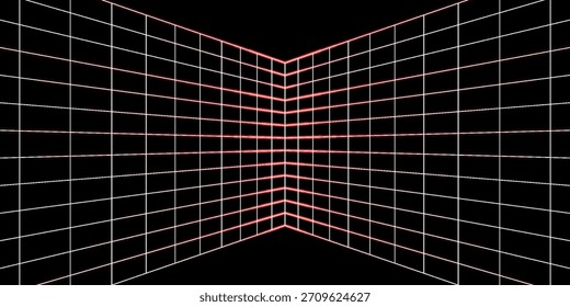 Una rejilla digital retro-futurista con líneas rojas brillantes que retroceden en un punto de fuga central, creando una sensación de espacio virtual infinito sobre un fondo negro.
