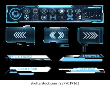 Retrofuturistic digital set 80s and 90s interface elements. Trendy 2023 shapes with Futuristic HUD interface in concept Cyberpunk. Futuristic tech set Retro wave cyberpunk with HUD	