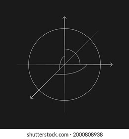 Dibujo retrofuturista del espacio 3D en forma de círculo con tres ejes. Ciberelemento de estilo de los años 80. Geometría para afiches, portada, fusión en estilo de reola. Viejo concepto de ciberpunk. Ilustración vectorial.