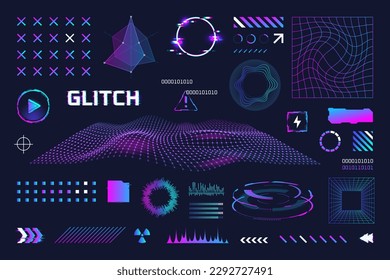 Retrofuturistic elements. Geometric y2k element, distorted grid wireframe for retro arcade or virtual game, neon rave 80s cyberpunk surreal memphis future vector illustration of wave mesh perspective