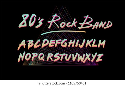 Retrofuturistic font inspired by 80's-90's rock band's logotypes and lettering. Neon glowing hand drawn letters on dark background. 