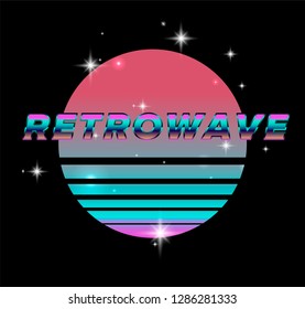 Retrofuturistic frame inspirated by 80s-90s neon aesthetic for placard, card, flyer. Holographic metallic text "Retrowave" on glowing sun with sparkles. 