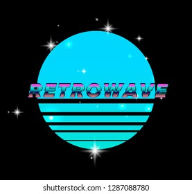 Retrofuturistic frame inspirated by 80s-90s neon aesthetic for placard, card, flyer. Holographic metallic text "Retrowave" on glowing sun with sparkles. 