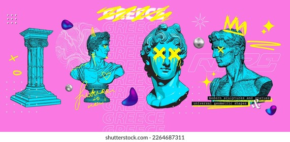 Retrofuturistic Gallery Exhibits in vaporwave style, 80s 90s in art exhibition illustration. Exhibition, classics and antiquity with abstract shapes. Museum with modern Greek sculptures. Y2K. Vector