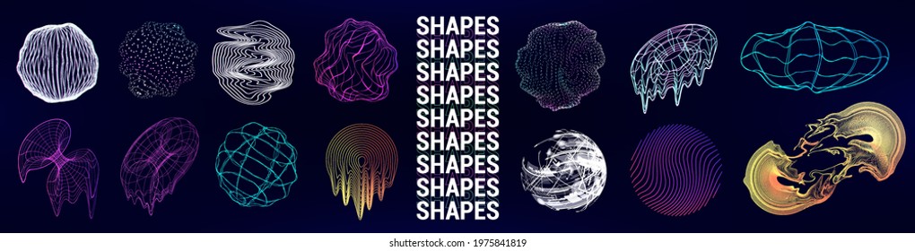 Retrofuturistic Geometric Shapes with glitch and liquid effect. Universal trendy cyberpunk elements. Vaporwave, synthwave shapes for poster, flayers, covers, t-shirt and merch. Vector memphis set