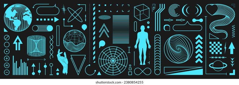 Retrofuturistic geometry elements set with icons and digital shapes for apparel, t-shirt, merch, posters, covers, flyers. Vector elements set vaporwave and y2k style abstract shapes.