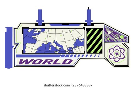 Retrofuturistic graphic box on the topic of travel. With map. Airplane travel tags. Futuristic y2k technology frame for design. HUD frames in Ski-Fi style. 