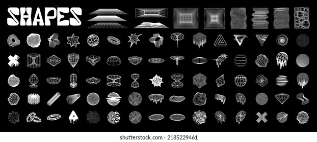 Retrofuturistisches Grafikpaket. Universelle geometrische Formen - Kreis, Kugeln, Gitter mit flüssigem, glitzerndem Effekt. Zahlen aus Drahtgitter.
Cyberpunk- und Retro-Formen von 80ern bis 90ern. Vektorgrafik-Set