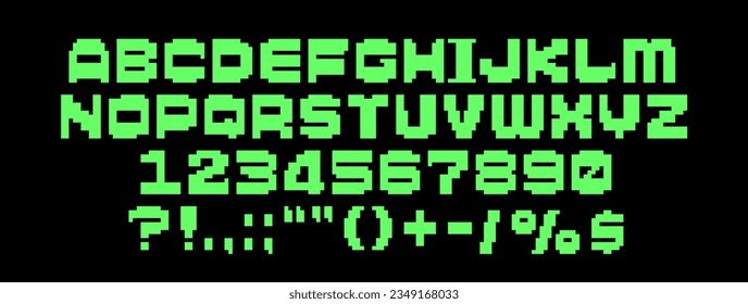 Retro-futuristic green pixel game font: English letters and numbers in 8-bit arcade style, vector illustration