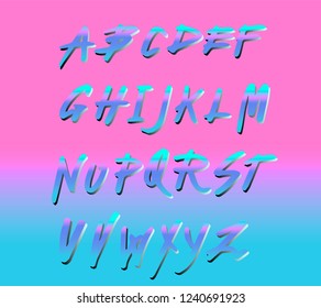 Retrofuturistic holographic alphabet font inpirated by 1980's-1990's aesthetics. Vaporwave/ synthwave style typeface in plastic pink color for dance party event, club invitation. 
